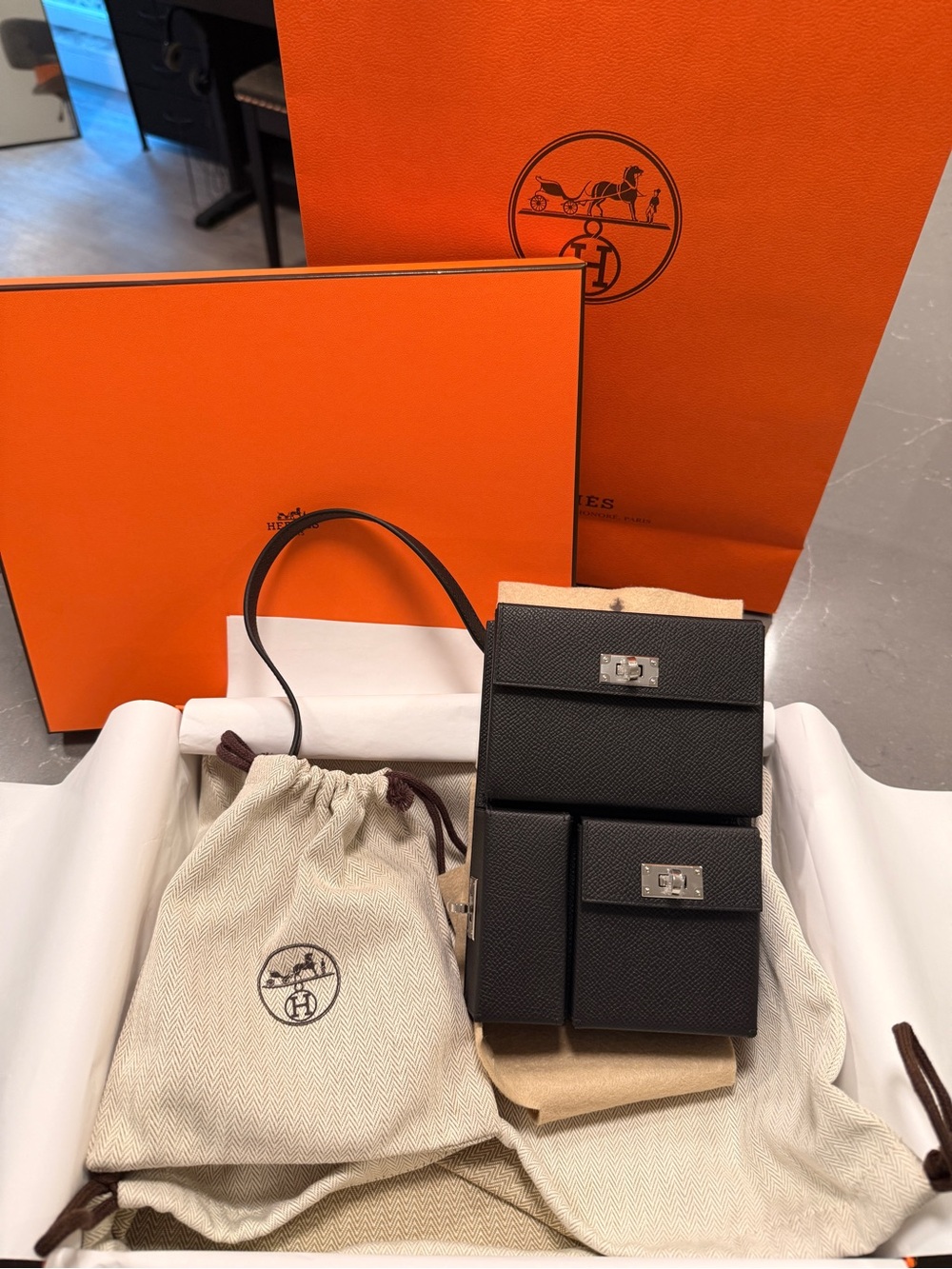 Hermes Black Grained Leather Belt Bag with Silver Hardware